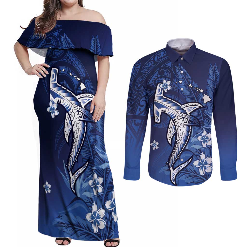 Personalized Hawaiian Maori Hammerhead Shark Couples Matching Off Shoulder Maxi Dress and Long Sleeve Button Shirt Polu Plumeria - Polynesian Pride