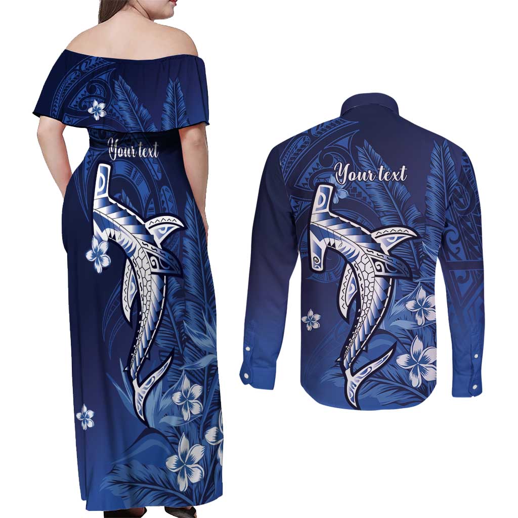 Personalized Hawaiian Maori Hammerhead Shark Couples Matching Off Shoulder Maxi Dress and Long Sleeve Button Shirt Polu Plumeria - Polynesian Pride