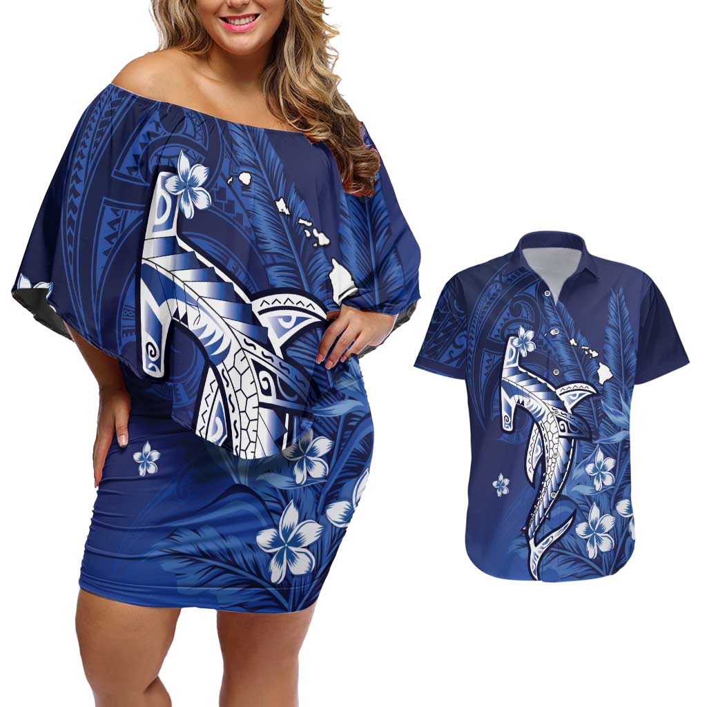 Personalized Hawaiian Maori Hammerhead Shark Couples Matching Off Shoulder Short Dress and Hawaiian Shirt Polu Plumeria - Polynesian Pride