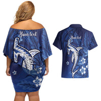 Personalized Hawaiian Maori Hammerhead Shark Couples Matching Off Shoulder Short Dress and Hawaiian Shirt Polu Plumeria - Polynesian Pride