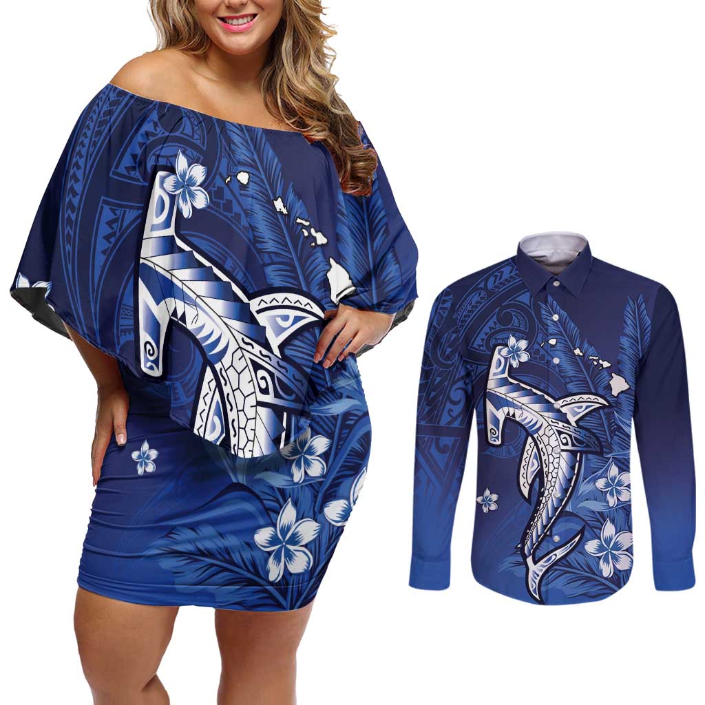 Personalized Hawaiian Maori Hammerhead Shark Couples Matching Off Shoulder Short Dress and Long Sleeve Button Shirt Polu Plumeria - Polynesian Pride