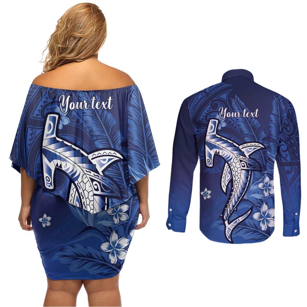 Personalized Hawaiian Maori Hammerhead Shark Couples Matching Off Shoulder Short Dress and Long Sleeve Button Shirt Polu Plumeria - Polynesian Pride