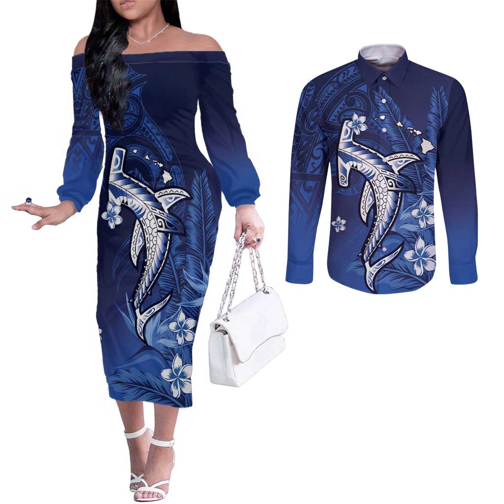 Personalized Hawaiian Maori Hammerhead Shark Couples Matching Off The Shoulder Long Sleeve Dress and Long Sleeve Button Shirt Polu Plumeria - Polynesian Pride