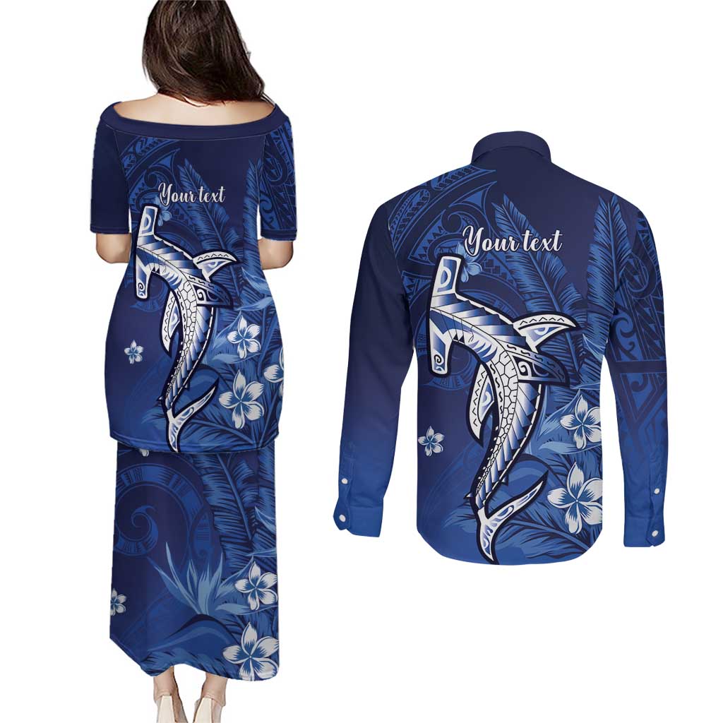 Personalized Hawaiian Maori Hammerhead Shark Couples Matching Puletasi and Long Sleeve Button Shirt Polu Plumeria LT9 - Polynesian Pride