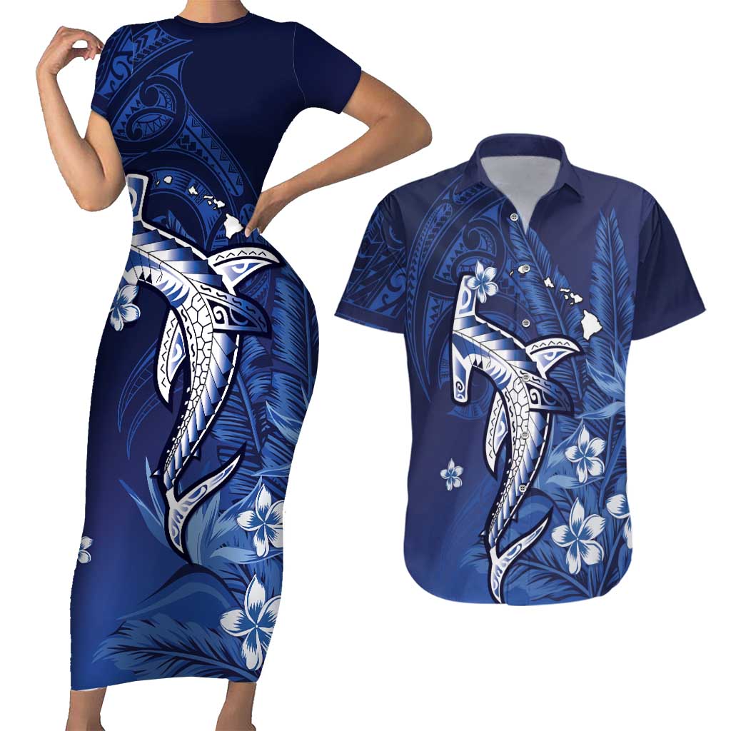 Personalized Hawaiian Maori Hammerhead Shark Couples Matching Short Sleeve Bodycon Dress and Hawaiian Shirt Polu Plumeria - Polynesian Pride