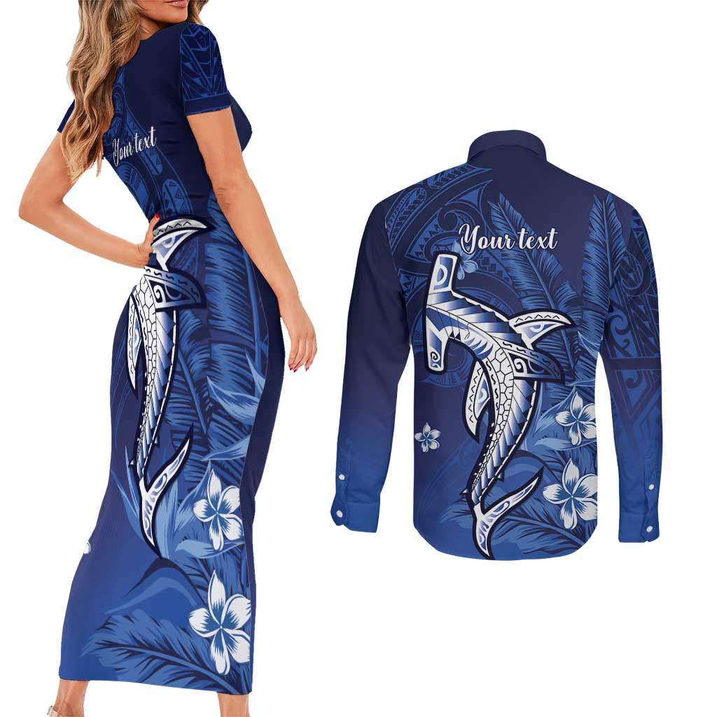 Personalized Hawaiian Maori Hammerhead Shark Couples Matching Short Sleeve Bodycon Dress and Long Sleeve Button Shirt Polu Plumeria - Polynesian Pride