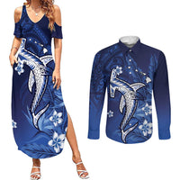 Personalized Hawaiian Maori Hammerhead Shark Couples Matching Summer Maxi Dress and Long Sleeve Button Shirt Polu Plumeria - Polynesian Pride