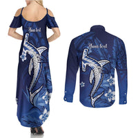 Personalized Hawaiian Maori Hammerhead Shark Couples Matching Summer Maxi Dress and Long Sleeve Button Shirt Polu Plumeria - Polynesian Pride