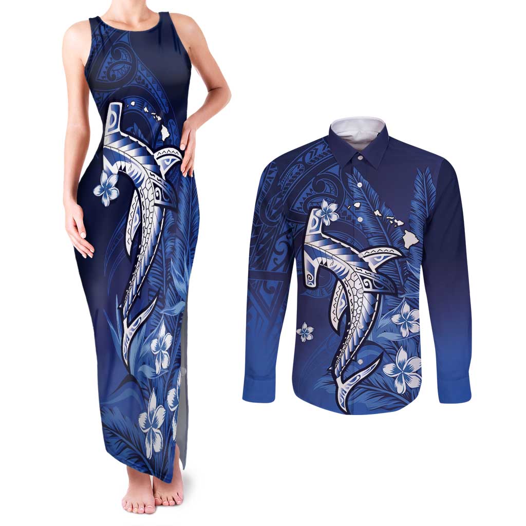 Personalized Hawaiian Maori Hammerhead Shark Couples Matching Tank Maxi Dress and Long Sleeve Button Shirt Polu Plumeria - Polynesian Pride