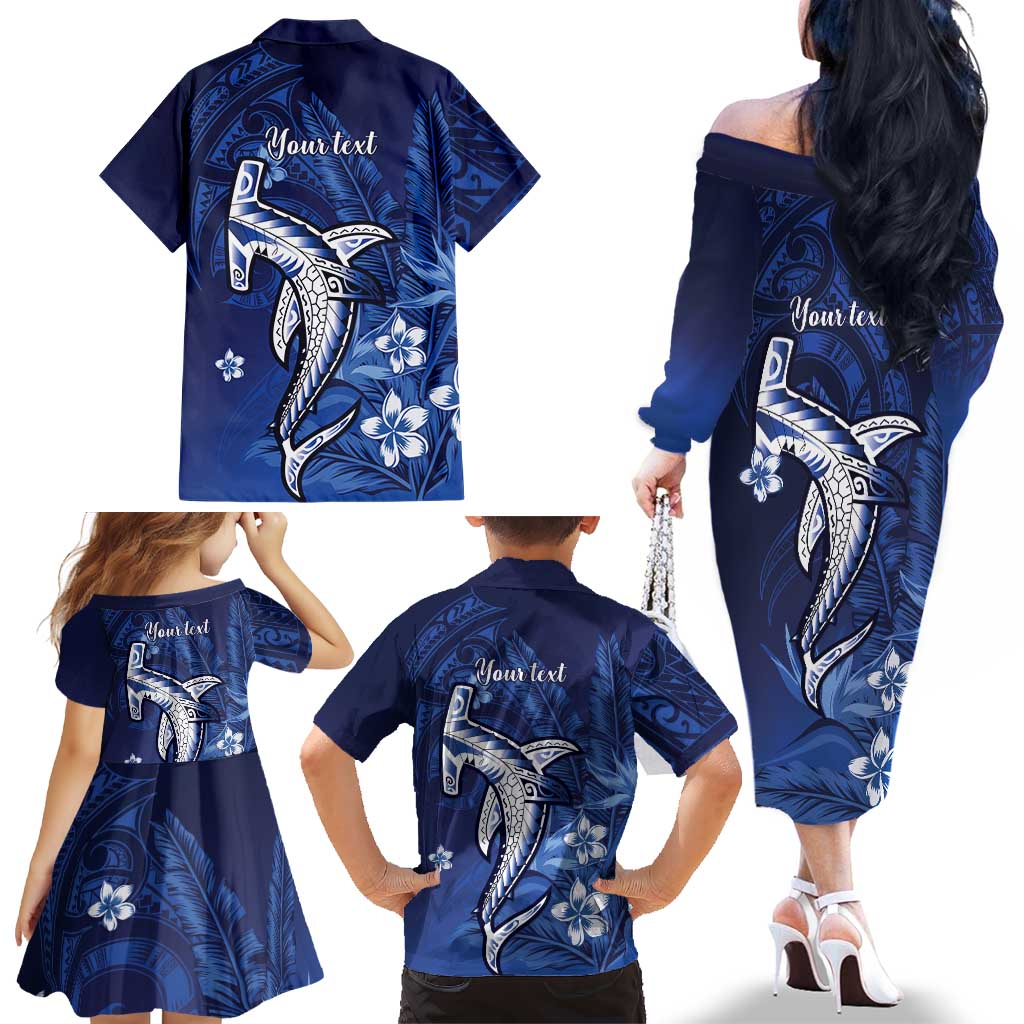Personalized Hawaiian Maori Hammerhead Shark Family Matching Off The Shoulder Long Sleeve Dress and Hawaiian Shirt Polu Plumeria - Polynesian Pride