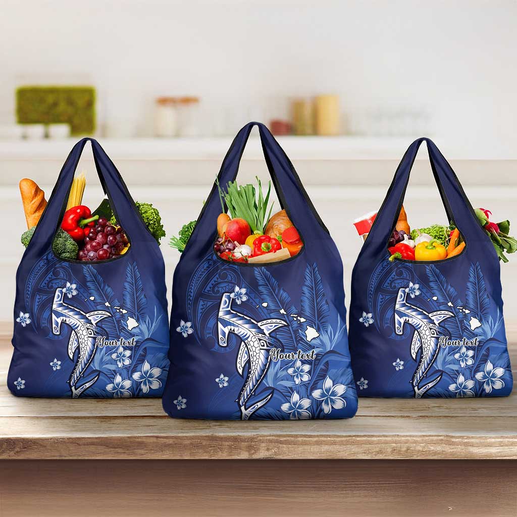 Personalized Hawaiian Maori Hammerhead Shark Grocery Bag Polu Plumeria LT9 3-pack One Size Blue - Polynesian Pride