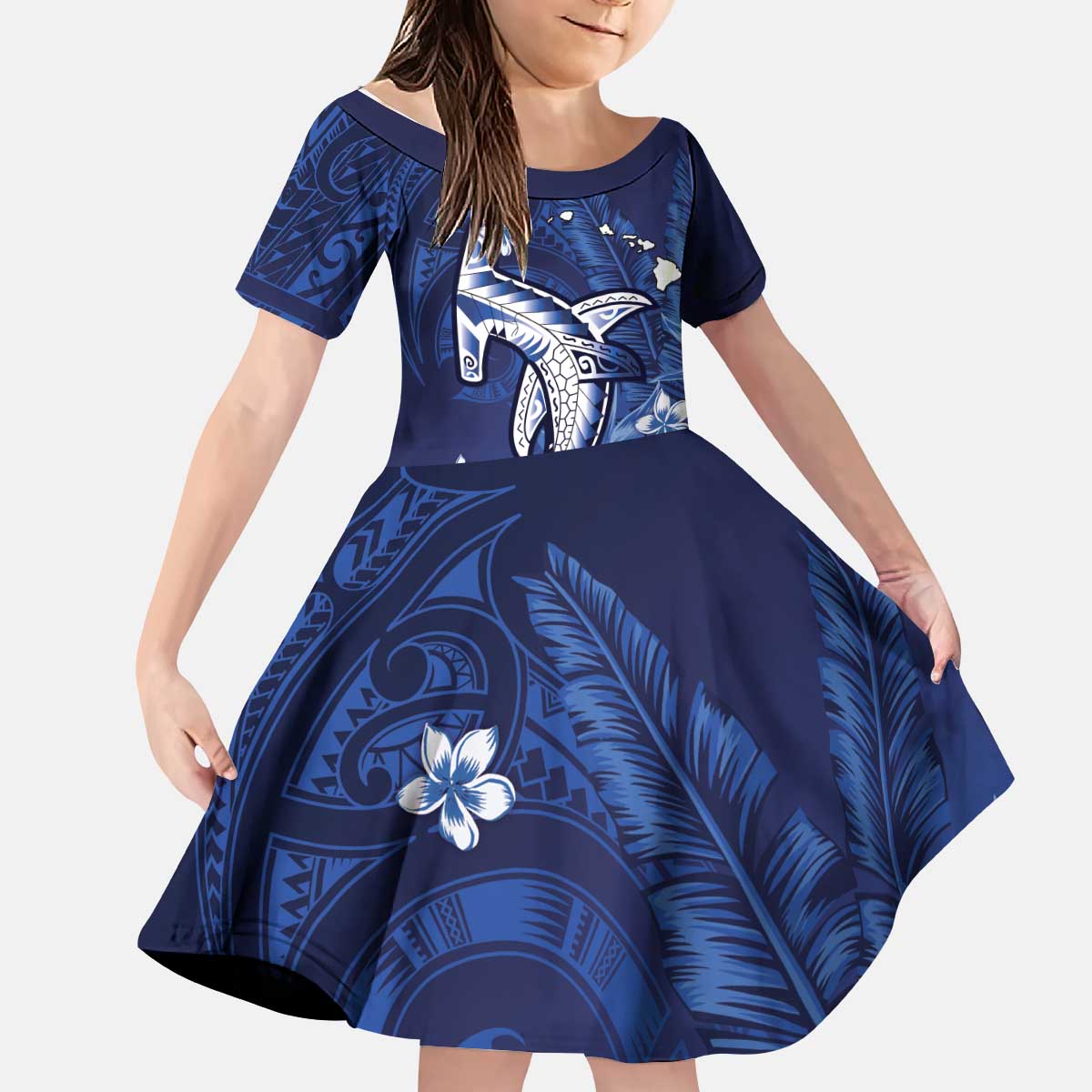 Personalized Hawaiian Maori Hammerhead Shark Kid Short Sleeve Dress Polu Plumeria - Polynesian Pride