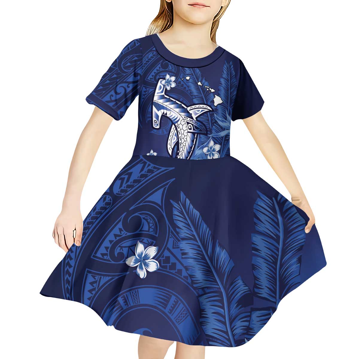 Personalized Hawaiian Maori Hammerhead Shark Kid Short Sleeve Dress Polu Plumeria - Polynesian Pride