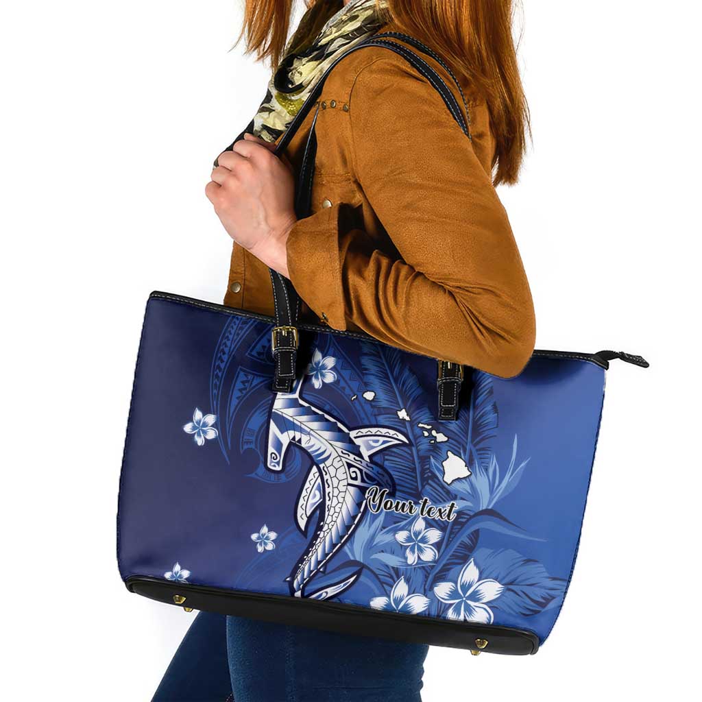 Personalized Hawaiian Maori Hammerhead Shark Leather Tote Bag Polu Plumeria LT9 Blue - Polynesian Pride