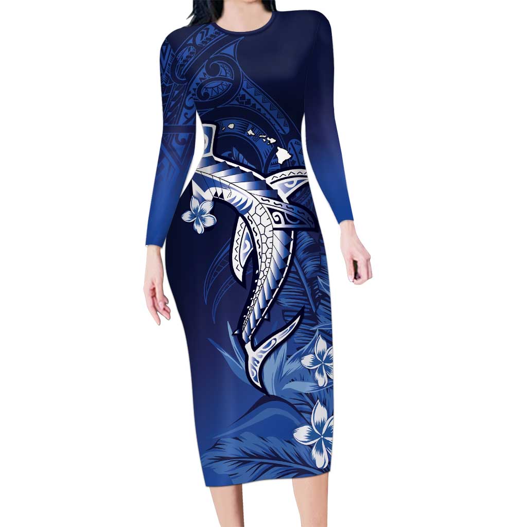 Personalized Hawaiian Maori Hammerhead Shark Long Sleeve Bodycon Dress Polu Plumeria LT9 Long Dress Blue - Polynesian Pride