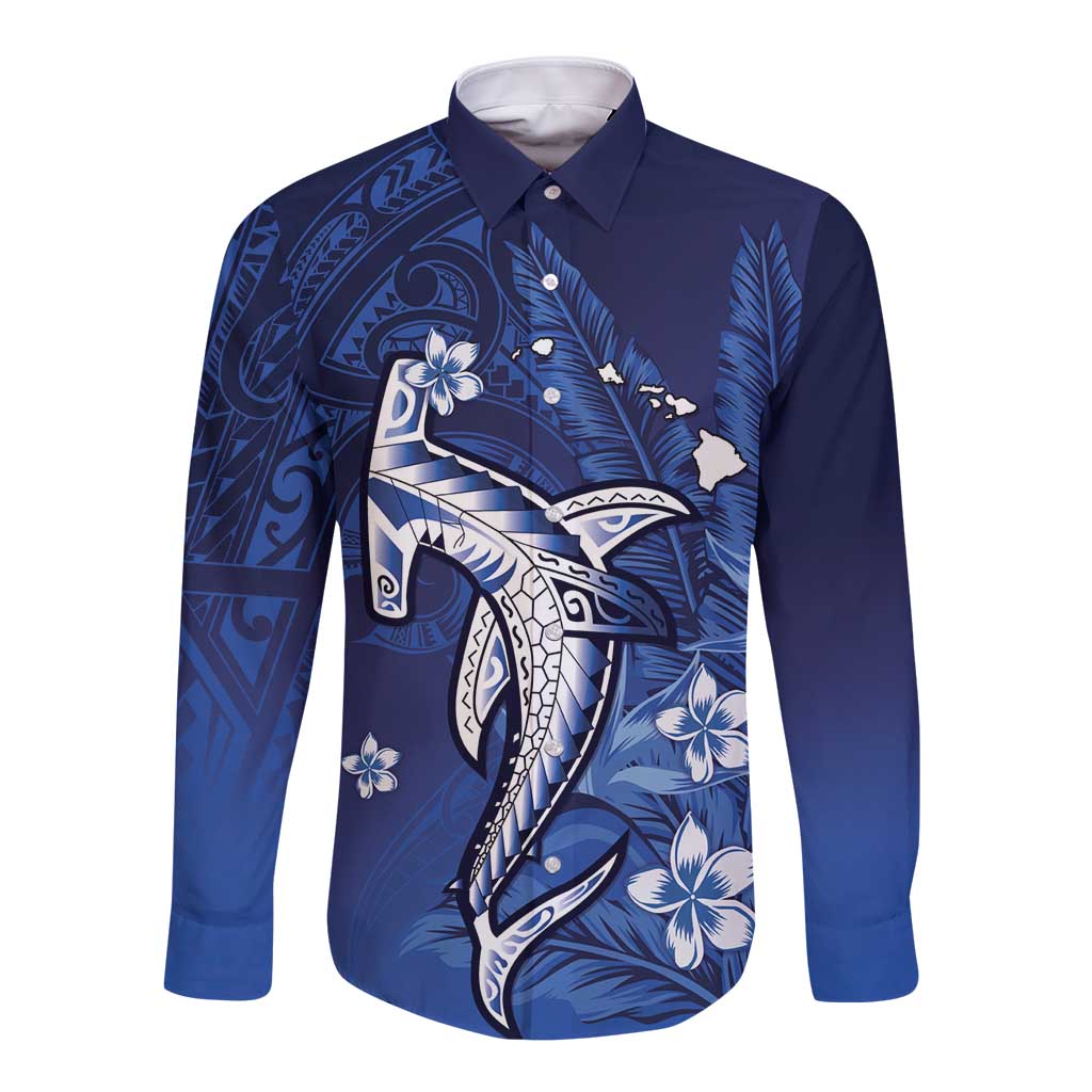 Personalized Hawaiian Maori Hammerhead Shark Long Sleeve Button Shirt Polu Plumeria LT9 Unisex Blue - Polynesian Pride