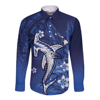 Personalized Hawaiian Maori Hammerhead Shark Long Sleeve Button Shirt Polu Plumeria LT9 Unisex Blue - Polynesian Pride