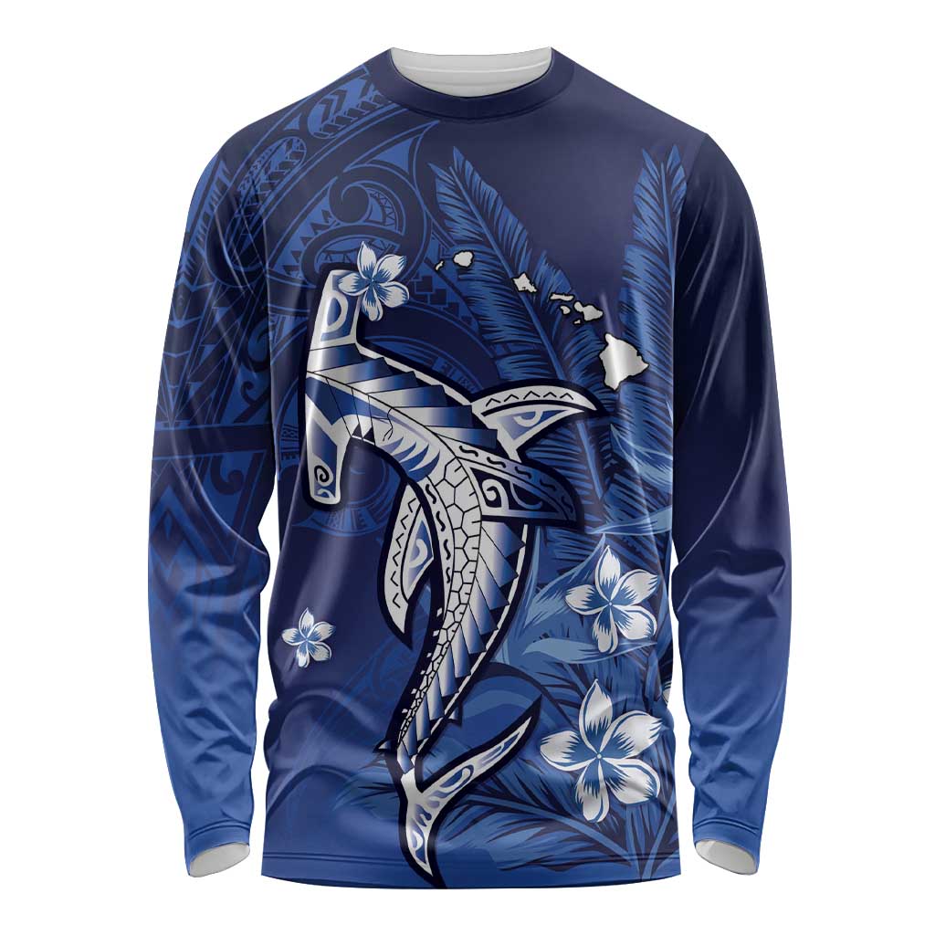 Personalized Hawaiian Maori Hammerhead Shark Long Sleeve Shirt Polu Plumeria - Polynesian Pride