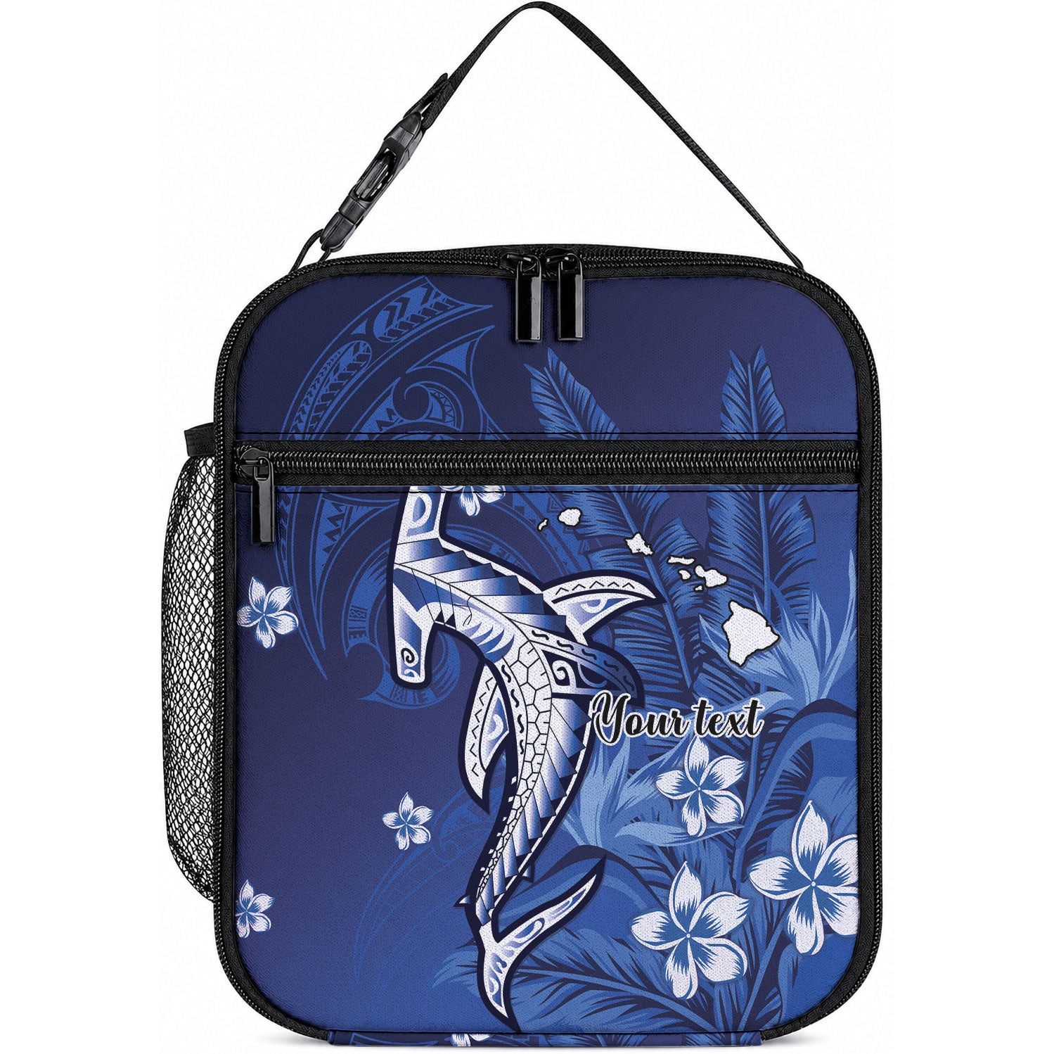 Personalized Hawaiian Maori Hammerhead Shark Lunch Bag Polu Plumeria LT9 10.2 × 8.3 × 4.3 inch Blue - Polynesian Pride