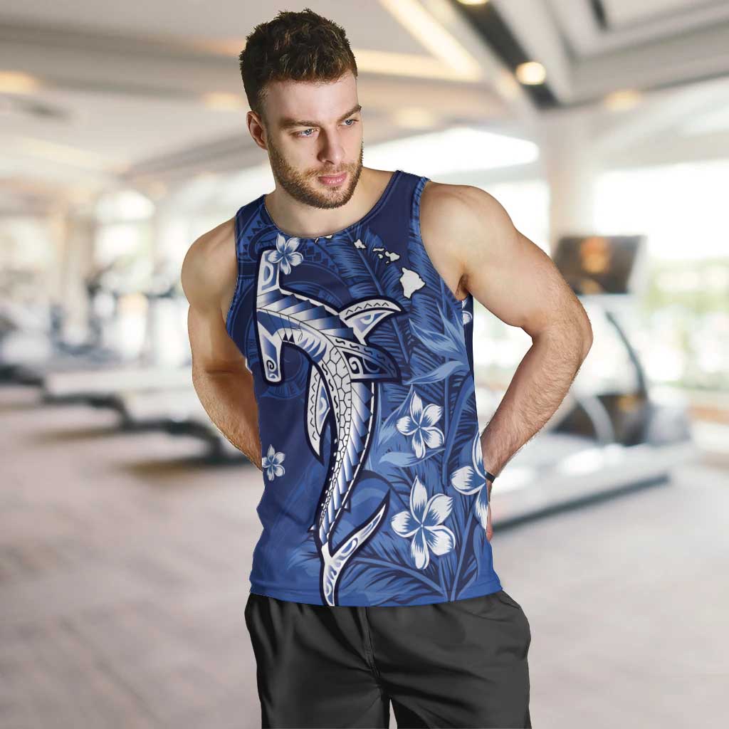 Personalized Hawaiian Maori Hammerhead Shark Men Tank Top Polu Plumeria LT9 Blue - Polynesian Pride