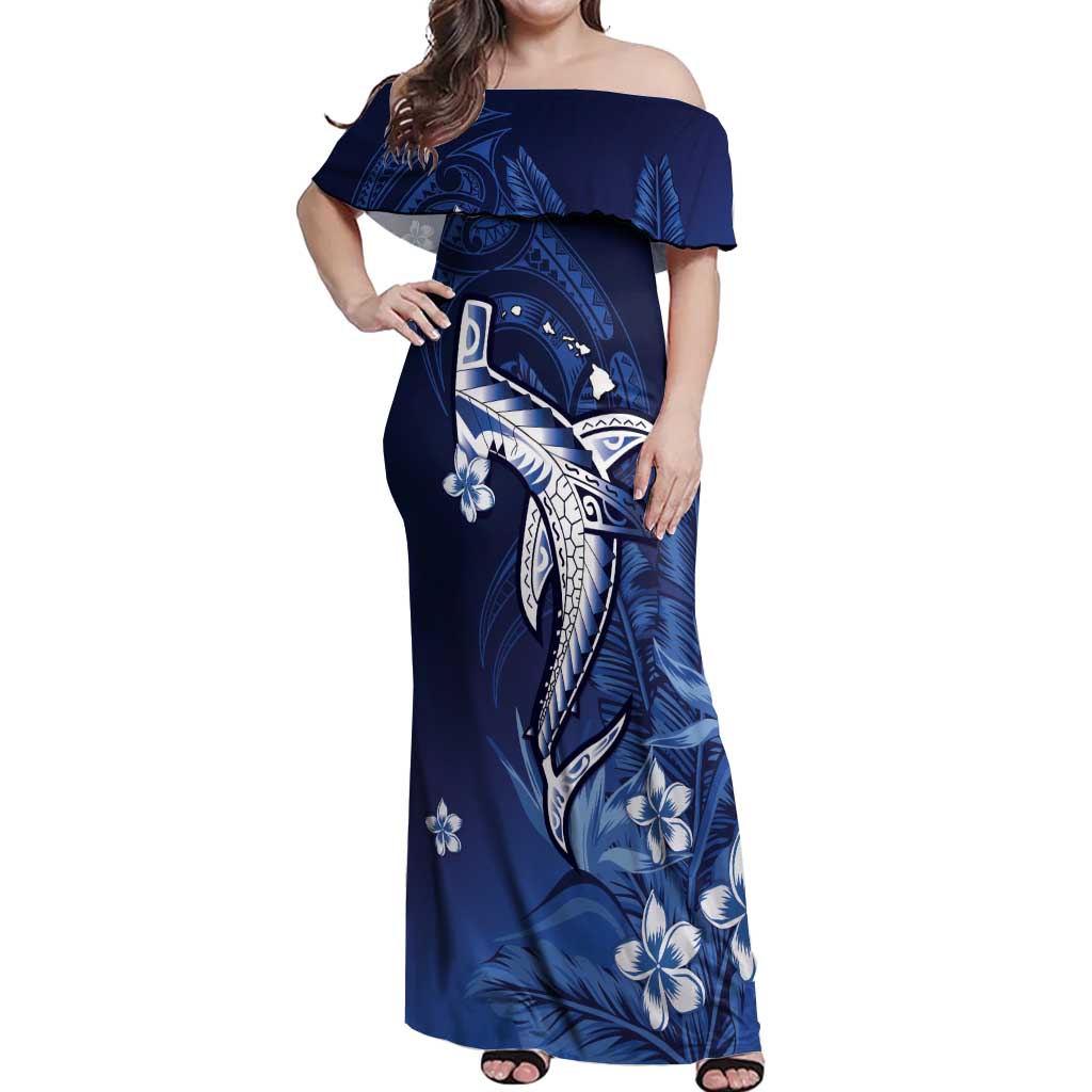 Personalized Hawaiian Maori Hammerhead Shark Off Shoulder Maxi Dress Polu Plumeria LT9 Women Blue - Polynesian Pride
