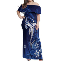 Personalized Hawaiian Maori Hammerhead Shark Off Shoulder Maxi Dress Polu Plumeria LT9 Women Blue - Polynesian Pride