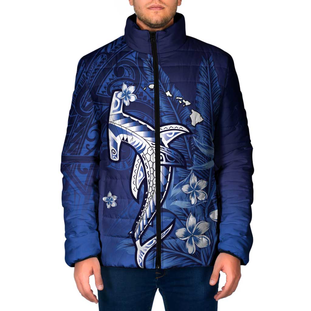 Personalized Hawaiian Maori Hammerhead Shark Padded Jacket Polu Plumeria LT9 Men Blue - Polynesian Pride