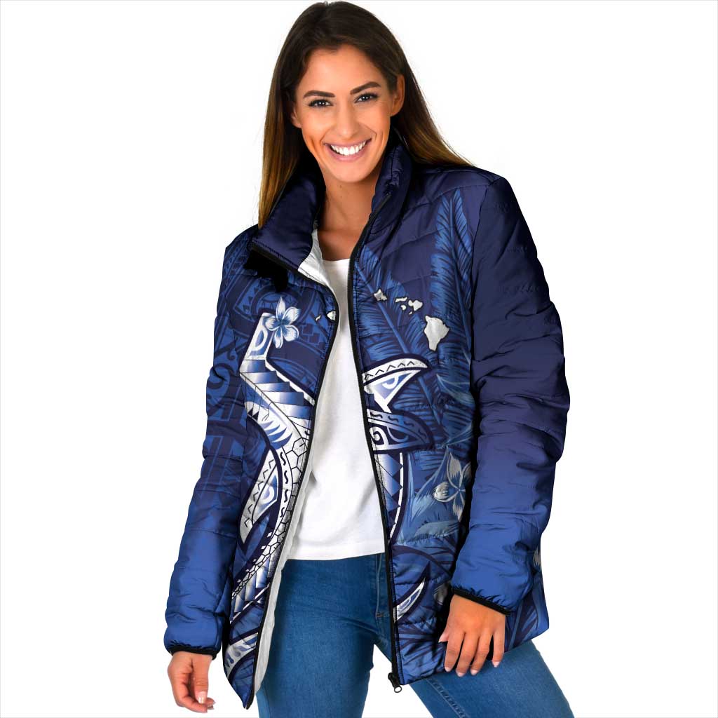 Personalized Hawaiian Maori Hammerhead Shark Padded Jacket Polu Plumeria LT9 Women Blue - Polynesian Pride
