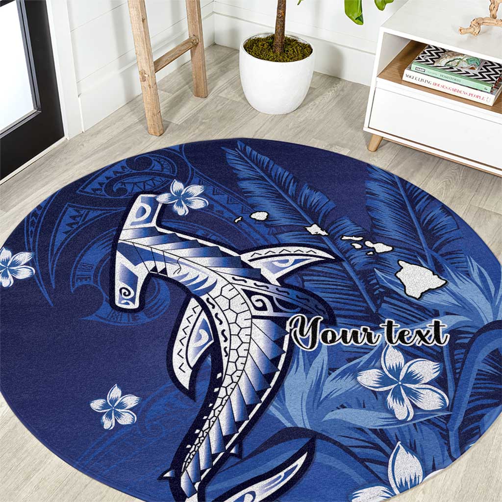 Personalized Hawaiian Maori Hammerhead Shark Round Carpet Polu Plumeria LT9 Blue - Polynesian Pride