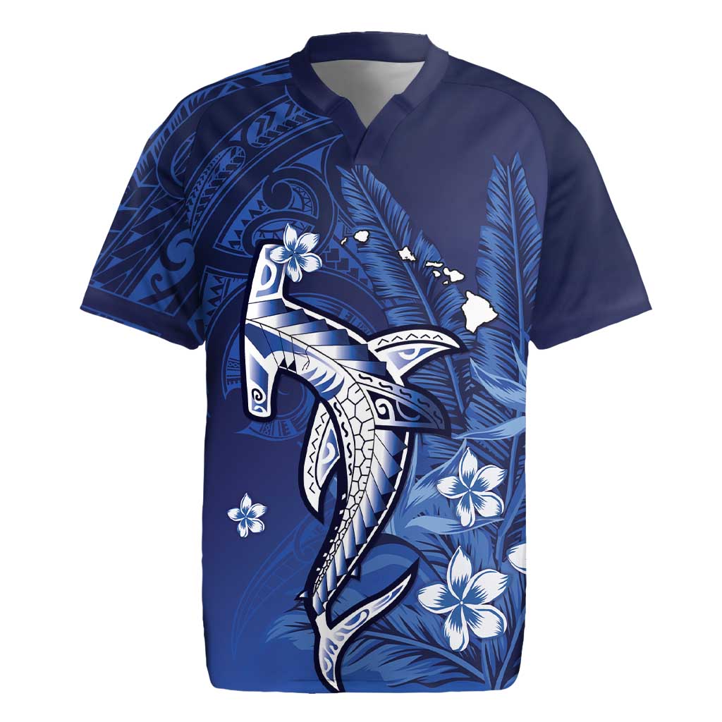 Personalized Hawaiian Maori Hammerhead Shark Rugby Jersey Polu Plumeria LT9 Blue - Polynesian Pride