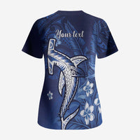 Personalized Hawaiian Maori Hammerhead Shark Scrub Top Polu Plumeria LT9 - Polynesian Pride