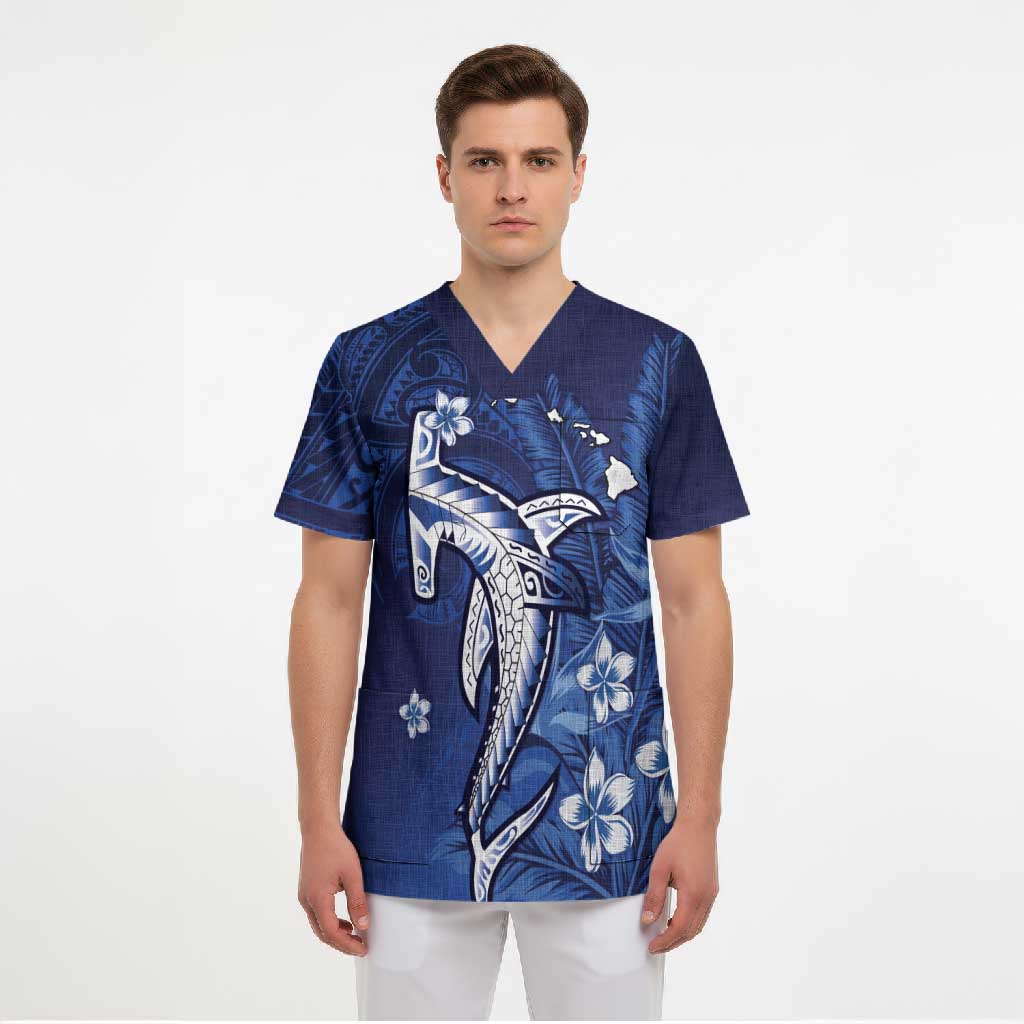 Personalized Hawaiian Maori Hammerhead Shark Scrub Top Polu Plumeria LT9 - Polynesian Pride