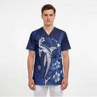 Personalized Hawaiian Maori Hammerhead Shark Scrub Top Polu Plumeria LT9 - Polynesian Pride