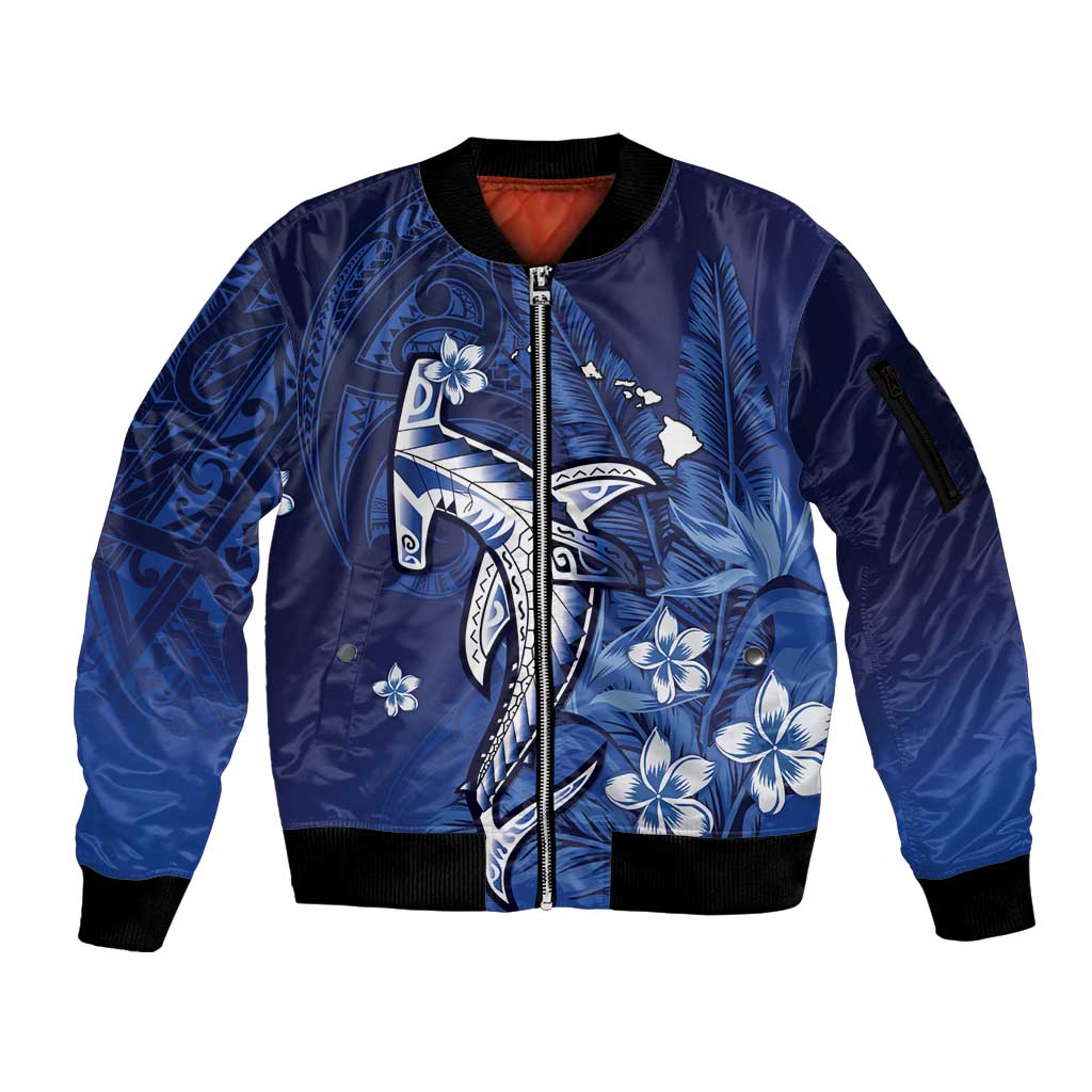 Personalized Hawaiian Maori Hammerhead Shark Sleeve Zip Bomber Jacket Polu Plumeria LT9 Unisex Blue - Polynesian Pride