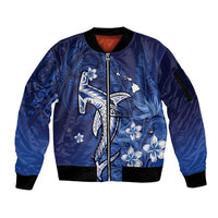 Personalized Hawaiian Maori Hammerhead Shark Sleeve Zip Bomber Jacket Polu Plumeria LT9 Unisex Blue - Polynesian Pride