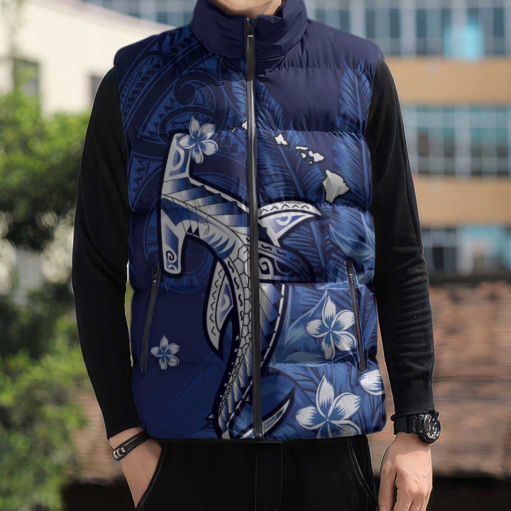 Personalized Hawaiian Maori Hammerhead Shark Sleeveless Puffer Jacket Polu Plumeria LT9 - Polynesian Pride