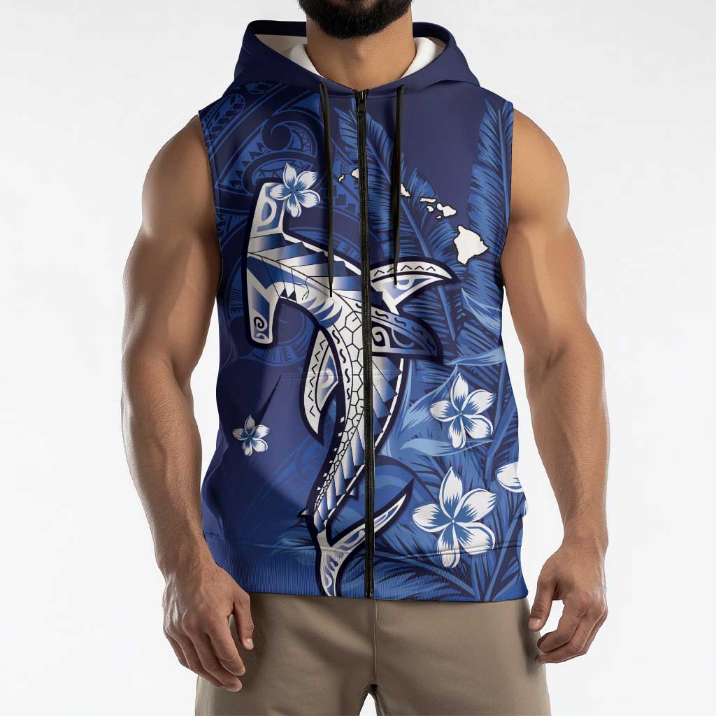 Personalized Hawaiian Maori Hammerhead Shark Sleeveless Zip Hoodie Polu Plumeria LT9 - Polynesian Pride