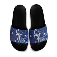 Personalized Hawaiian Maori Hammerhead Shark Slide Sandals Polu Plumeria LT9 Blue - Polynesian Pride