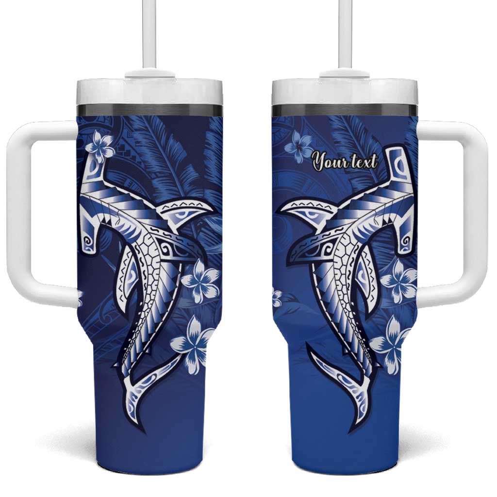 Personalized Hawaiian Maori Hammerhead Shark Tumbler With Handle Polu Plumeria LT9 One Size: 40 oz Blue - Polynesian Pride