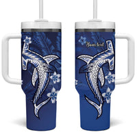 Personalized Hawaiian Maori Hammerhead Shark Tumbler With Handle Polu Plumeria LT9 One Size: 40 oz Blue - Polynesian Pride