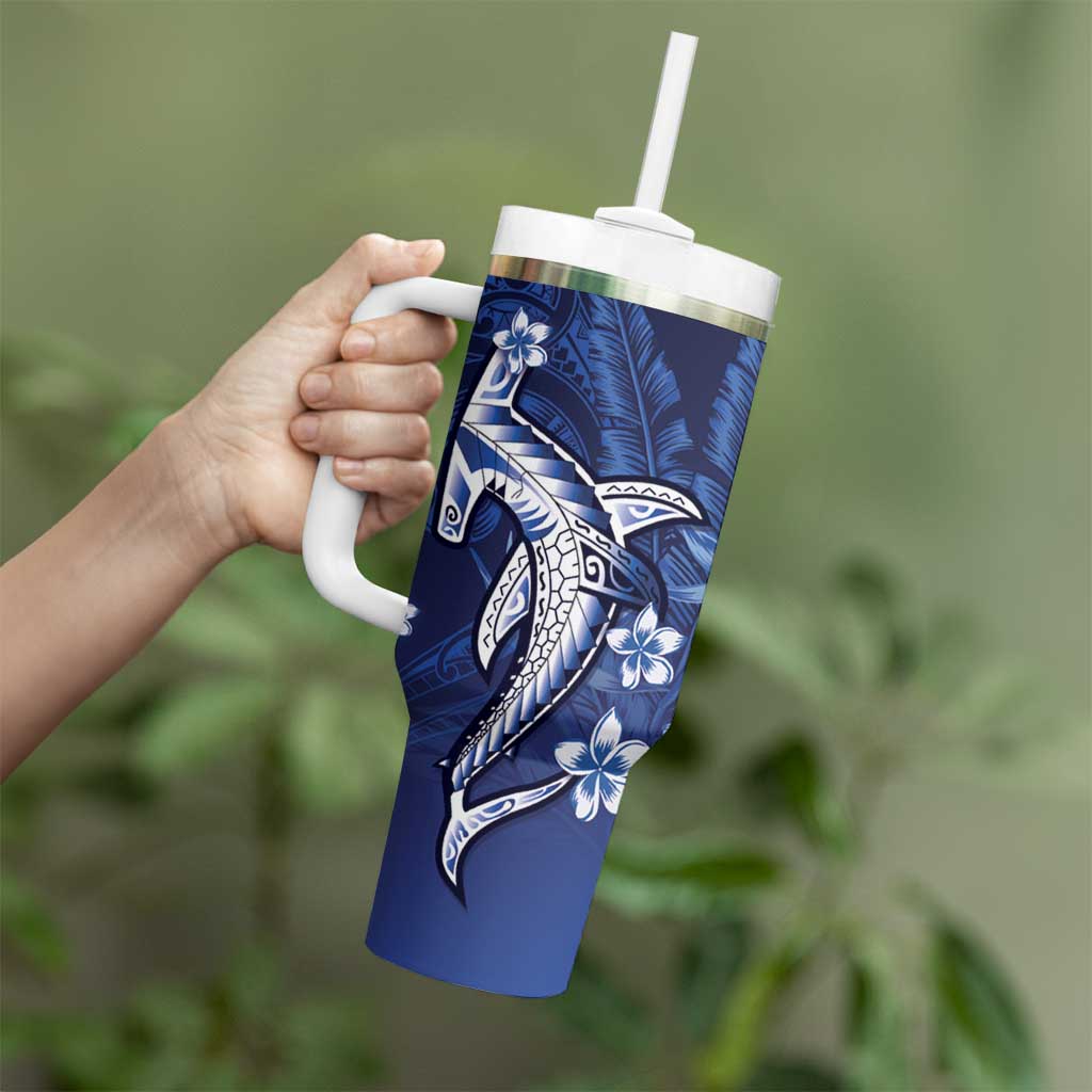 Personalized Hawaiian Maori Hammerhead Shark Tumbler With Handle Polu Plumeria LT9 - Polynesian Pride