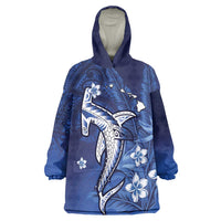 Personalized Hawaiian Maori Hammerhead Shark Wearable Blanket Hoodie Polu Plumeria LT9 One Size Blue - Polynesian Pride