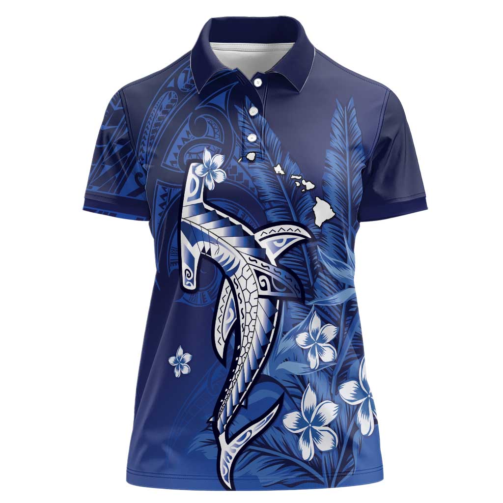 Personalized Hawaiian Maori Hammerhead Shark Women Polo Shirt Polu Plumeria LT9 Female Blue - Polynesian Pride