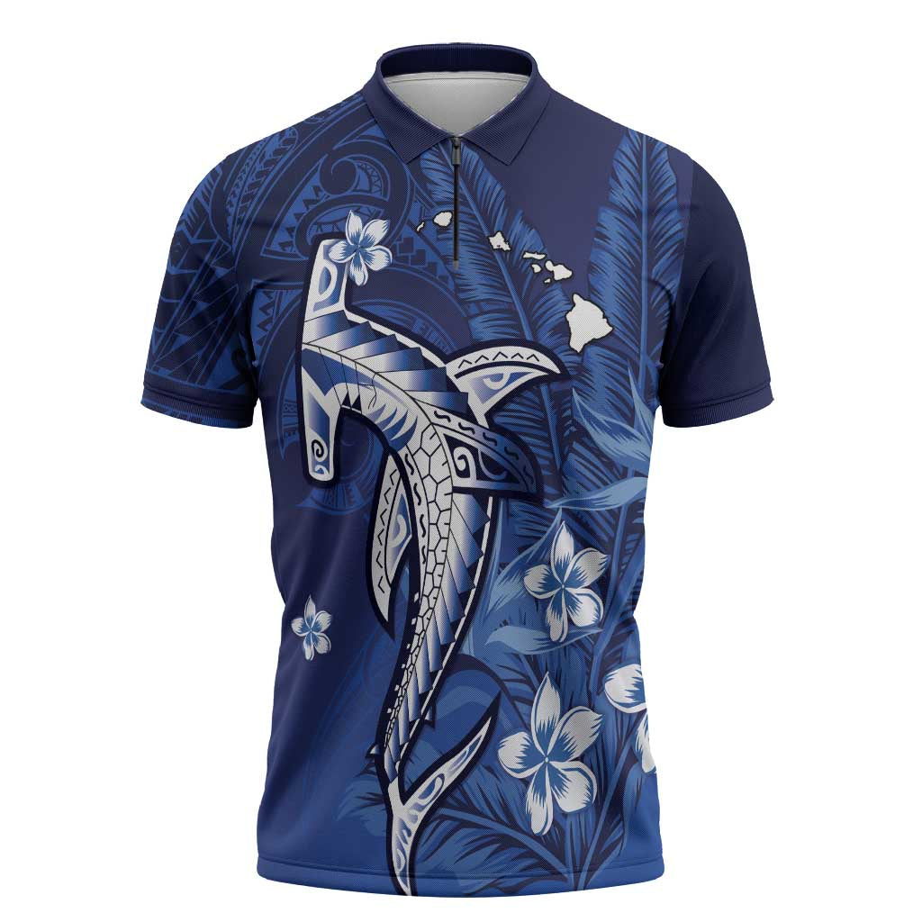 Personalized Hawaiian Maori Hammerhead Shark Zipper Polo Shirt Polu Plumeria LT9 Blue - Polynesian Pride