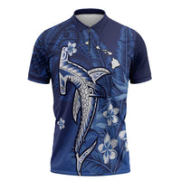 Personalized Hawaiian Maori Hammerhead Shark Zipper Polo Shirt Polu Plumeria LT9 Blue - Polynesian Pride