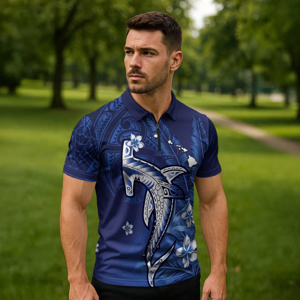 Personalized Hawaiian Maori Hammerhead Shark Zipper Polo Shirt Polu Plumeria LT9 - Polynesian Pride