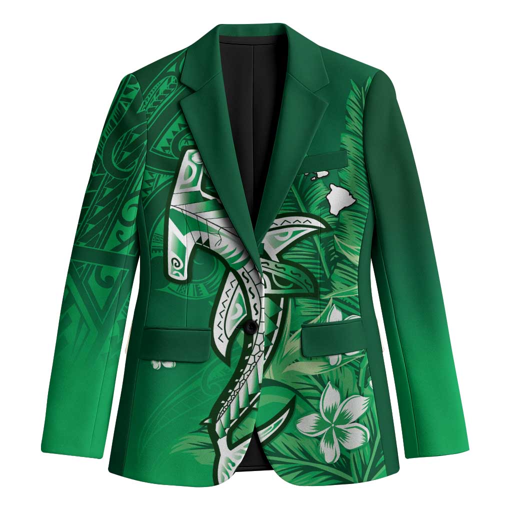 Personalized Hawaiian Maori Hammerhead Shark Blazer Omaomao Plumeria LT9 Unisex Green - Polynesian Pride