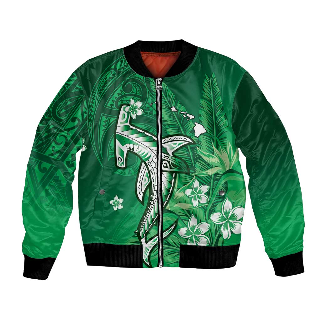 Personalized Hawaiian Maori Hammerhead Shark Bomber Jacket Omaomao Plumeria LT9 Unisex Green - Polynesian Pride