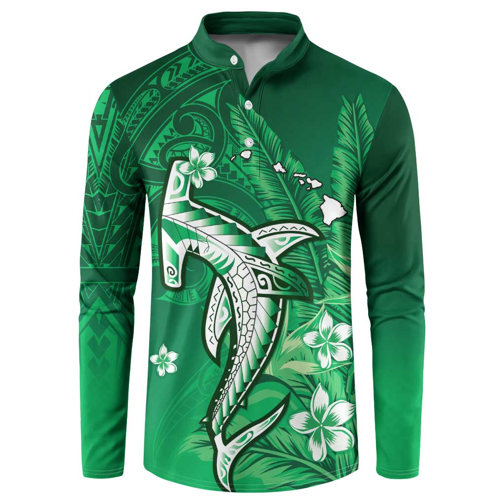 Personalized Hawaiian Maori Hammerhead Shark Button Sweatshirt Omaomao Plumeria LT9 Green - Polynesian Pride