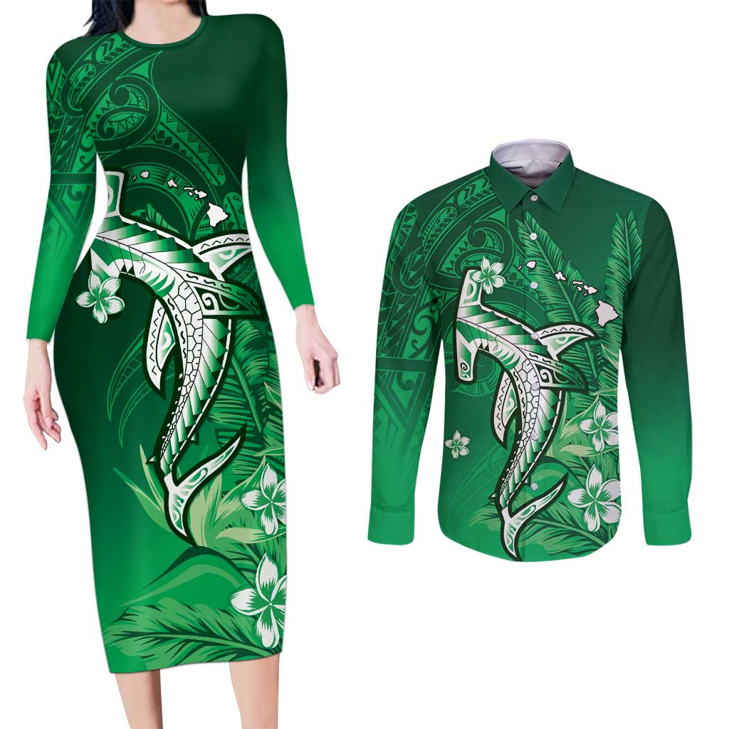 Personalized Hawaiian Maori Hammerhead Shark Couples Matching Long Sleeve Bodycon Dress and Long Sleeve Button Shirt Omaomao Plumeria - Polynesian Pride